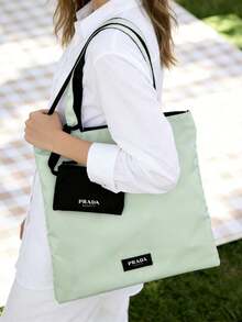 Prada Reversible Dual Color Nylon Tote Cosmetic Bag, Light Green Black Two Sided Design With Detachable Small Zipper Purse Portable Large Storage Handbag Women Elegant Gift PRADA-GIFT-2 - Mint Green + Black Two-tone - View 2