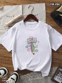 Girls' Summer Short-Sleeve T-Shirt, Fitted T-Shirt, Cotton Knit Fabric, Fashionable Street Style - White - View 1