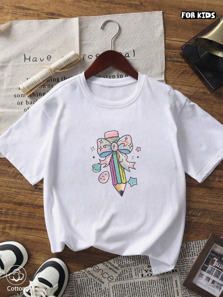 Girls' Summer Short-Sleeve T-Shirt, Fitted T-Shirt, Cotton Knit Fabric, Fashionable Street Style - White - View 1