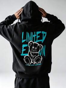 Men's Casual Versatile Street Style Hoodie,With Letter And Cartoon Bear Patterns,Equipped With A Kangaroo Pocket And Drawstring,Suitable For Autumn An - Black - View 1