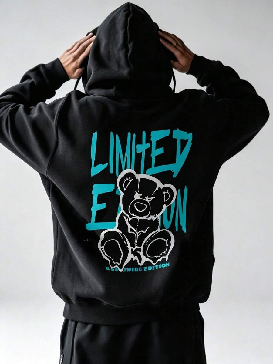 Men's Casual Versatile Street Style Hoodie,With Letter And Cartoon Bear Patterns,Equipped With A Kangaroo Pocket And Drawstring,Suitable For Autumn An - Black - View 1