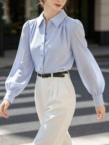 女款優雅藍色襯衫，輕奢高端通勤風，四季皆宜，專業外套上衣，純色前扣鈕扣 - 藍色 - 查看 5