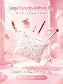 1 pieza Bolsa de maquillaje con estampado de gato lindo de gran capacidad, bolsa de cosméticos con apertura de cremallera, bolsa de almacenamiento de artículos de tocador portátil para viajes para mujeres y niñas, el mejor regalo para novia y madre - Multicolor - Ver 3