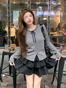 女款愛心鏤空針織開襟衫，蝴蝶結領口抽繩設計，灰色長袖上衣，秋冬返校季 - 灰色 - 查看 4