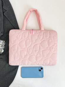 Heart Quilted Laptop Tote Bag, Minimalist Handheld Style With Zipper Closure, Fresh And Sweet Aesthetic, Simple And Gentle, Suitable For Students And Daily Commute, Combines Style And Practicality - Multicolor - View 3