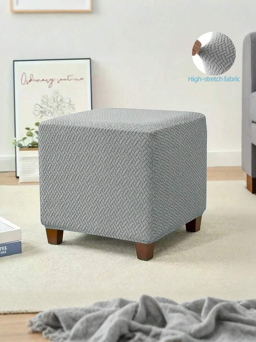 1pc Square Jacquard Elastic Ottoman Footstool Cover, 360° Full Coverage Chair Slipcover, Stain-Resistant Durable Full Wrap Furniture Protector - Dark Grey - View 1
