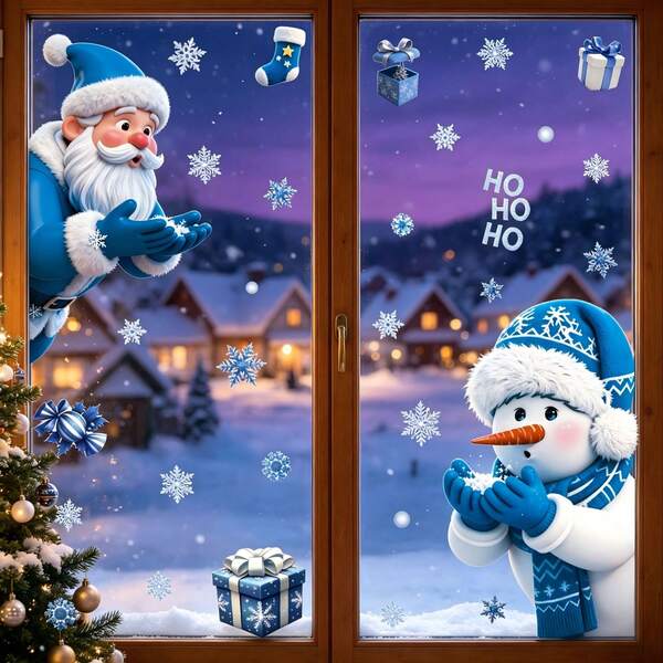Christmas Stickers Blue Dream Crystal Ball Glass Decal Shopping Mall Window Display Scene Decoration Santa Claus Static Cling Stickers Christmas Home Decor Stickers