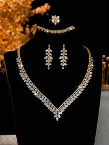 5pcs Luxury Zirconia Leaf Shaped Necklace, Earrings, Bracelet, Ring Jewelry Set, Elegant And Fashionable For Wedding, Party, Daily Commute - Silver - View 7