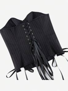 Women's Thin Striped Bandeau Waist-Cinching Top, Side Lace-Up Front Zipper Bustier Cropped Top, Gothic Vintage Cinched Waist, Party Nightclub Outfit, Streetwear Style, Halloween Costume - Black - View 3
