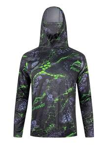 Men's Fishing Hoodie Long Sleeve Shirt, Green & Black Fish Pattern Print Pullover, Outdoor Fishing Style Top - Multicolor - View 2