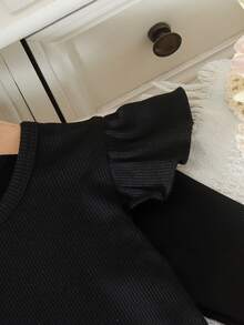 Set 2pcs Baju Rajut Lengan Panjang Bergaris untuk Bayi Perempuan & Rok Pita Kotak-kotak, Lucu untuk Musim Semi/Gugur - Hitam - View 5