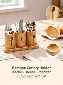 3/4pcs (Storage Bucket + Knife + Fork + Spoon) Set Combination Carbonized Bamboo Rustic Kitchen Utensil Holder, Divided Cutlery Tray Storage, Bottom Ventilation & Moisture-Proof, Natural Rustic Style Cutlery Rack Spoon Holder (Random Style Shipped) - View 6