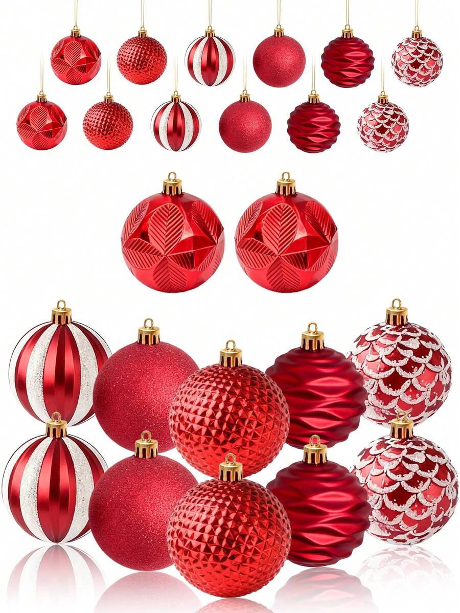 12pcs Christmas Ball Ornaments Set, Colorful Shatterproof Plastic Decorative Balls With Hanging Rope, For Christmas Tree Decoration, Holiday Party, Wedding Decor, Red - Red - View 1