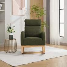 Mid‑Century Modern Teddy Fabric Rocking Chair, Ergonomic Padded Rocker Armchair With Side Storage Pocket, Solid Wood Rocking Legs For Living Room, Bedroom, Reading Nook - Green - View 6