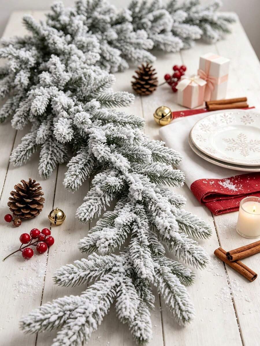 1pc 6-Foot Artificial Green Christmas Pine Wreath, Perfect For Winter Holiday Decor On Mantels, Table Runners, And As A Centerpiece, Christmas Decoration - Powder - View 1