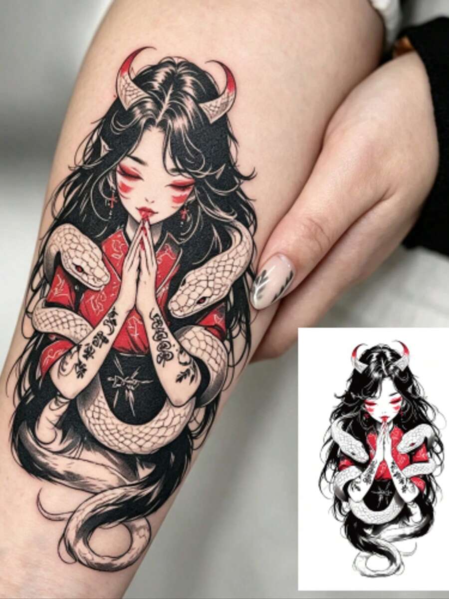 Colorful Japanese Snake Pattern Temporary Waterproof Tattoo Stickers, Suitable For Chest, Back, Arms, Legs, Unisex, Perfect For Travel, Party, Festival And Other Occasions, Lasts 2-5 Days - Multicolor - View 1