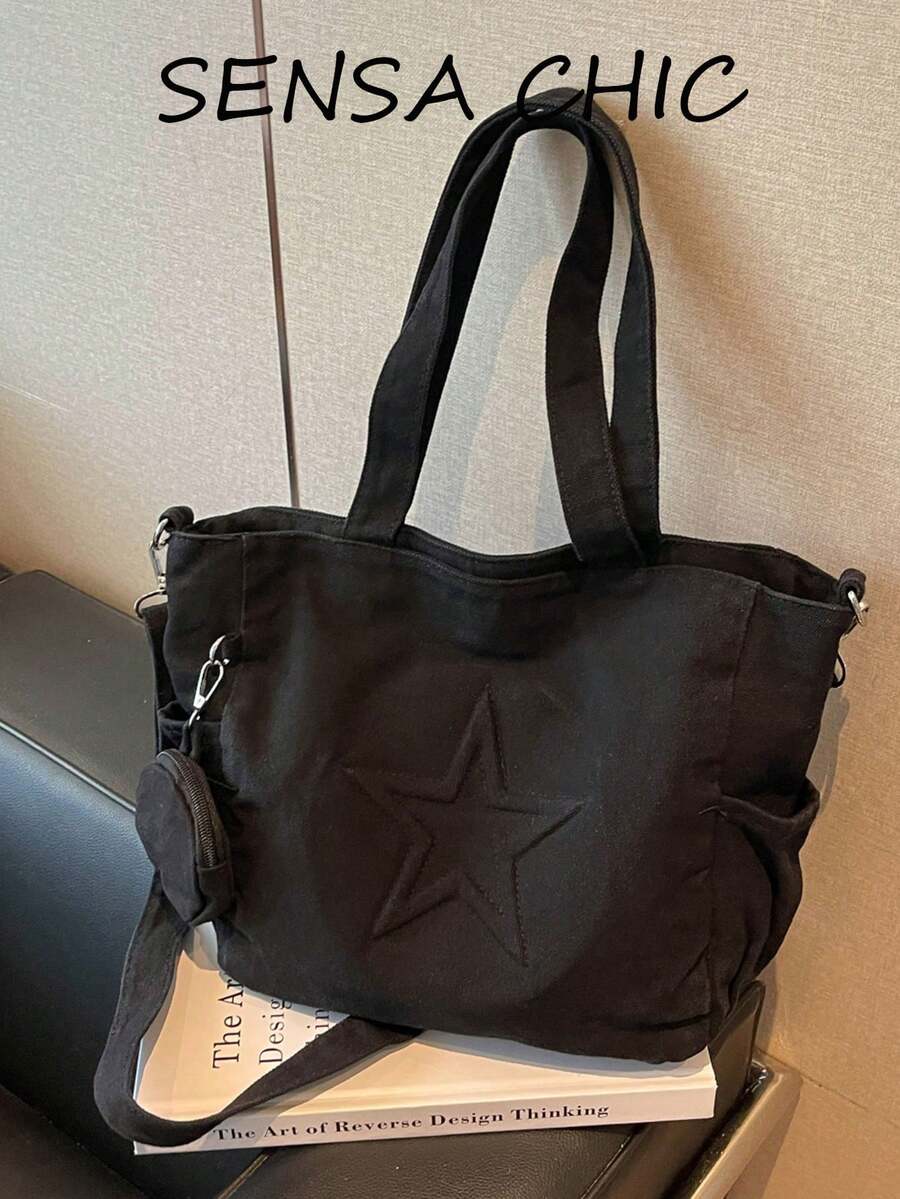 星星壓紋工藝結合柔軟包身質感，休閒風手提斜挎托特包，女款日常出行包，雙手提帶搭配可調節斜挎肩帶多用途托特包