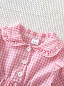 1pc Young Girl) Cute Peter Pan Collar Long Sleeve Plaid Shirt, Thin Fabric, Spring/Autumn - Pink - View 4