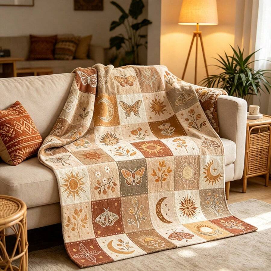 1PC Vintage Warm Brown Patchwork Sun Moon Moth & Plant Print Flannel Throw Blanket, Bohemian Style, For Home, Living Room, Sofa, Nap, Decorative Air Conditioning Blanket - Multicolor - View 1