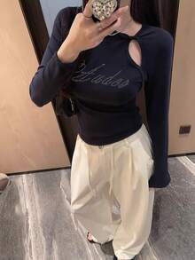 Women's Early Autumn Hollow Letter Rhinestone Long Sleeve Base Layer Top - Navy Blue - View 4