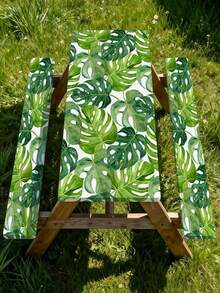 3 Pieces Picnic Tablecloth Set With Bench Cover, Elastic Edge Design, Leaf Pattern With Colorful Floral Accents, Washable Rectangular Tablecloth, Suitable For Weddings, Camping, Picnics, Garden Parties And More, Practical Essential - B - View 6
