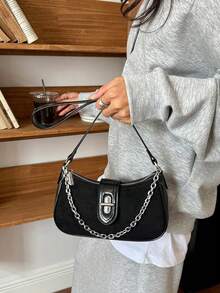 Retro Patch Chain Bag For Women, Simple Lock Clasp, Underarm Bag, Versatile Shoulder Bag, Casual, Can Be Slung, Women's Bag - Black - View 4