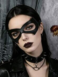2pcs Half Face Cat Eye Mask, Women's Black PU Leather Cat Mask, Halloween Masquerade Eye Mask, Cosplay Prop, Suitable For Halloween Role Play Party - Black - View 2