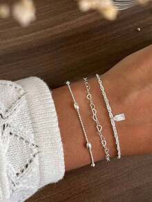 Nooxian 3pcs/Set Silver Fashion Elegant Beaded Chain & Heart Clasp Multi-Layer Stackable Geometric Rectangular Copper Zirconia Pendant Women's Bracelet Set (Random Bead Count) - Silver - View 1