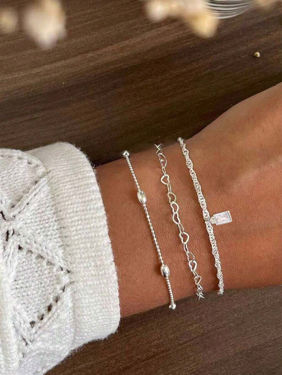 Nooxian 3pcs/Set Silver Fashion Elegant Beaded Chain & Heart Clasp Multi-Layer Stackable Geometric Rectangular Copper Zirconia Pendant Women's Bracelet Set (Random Bead Count) - Silver - View 1