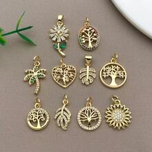 1pc 18K Gold Plated Plant Charms Cubic Zirconia Life Tree Sunflower Palm Leaf Daisy Pendants For DIY Necklace Jewelry Making Crafts - Gold - View 2