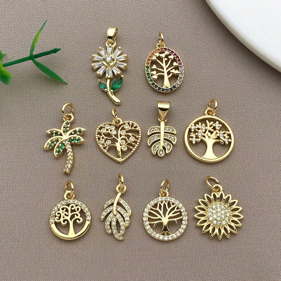 1pc 18K Gold Plated Plant Charms Cubic Zirconia Life Tree Sunflower Palm Leaf Daisy Pendants For DIY Necklace Jewelry Making Crafts