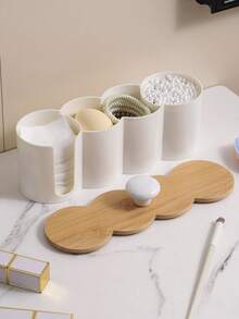 1pc 4-In-1 Cotton Pad Storage Box & Cotton Swab Dispenser, Multi-Functional Vanity Organizer With Wooden Dust Cover, 4-Compartment Cosmetic Storage Container For Cotton Balls, Cotton Swabs And Sponges, Desktop Organizer - Multicolor - View 7