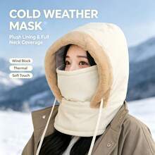 1pc Winter Warm Fleece Lined Balaclava Hat With Soft Fur Trim, Windproof & Cold-Resistant, Full Face And Neck Protection, Adjustable Drawstring, Suitable For Skiing, Cycling, Snow Activities And Cold Outdoor Weather - White - View 3