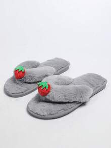 Girl Style 3D Strawberry Plush Flip Flops, Thick Sole Soft Fur Home Slippers For Women, Casual Outdoor Wear Fuzzy Shoes - Grey - View 7