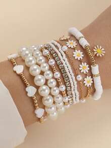 Conjunto de 10 piezas de pulseras de moda con perlas falsas y cuentas de margarita - Accesorios de mano bohemios creativos para la playa - Multicolor - Ver 2