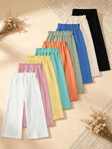 3pcs/Set Celana Panjang Anak Perempuan Motif Gelembung Kotak-kotak Polos Kaki Lebar Warna Acak, Lembut Nyaman Minimalis Serbaguna, Cocok Untuk Musim Semi, Musim Panas, dan Musim Gugur - MultiWarna - View 2