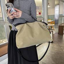 Solid Color Large Capacity Canvas Tote Shopping Bag, Multi-Pocket Design, Mother's Day Gift For Mom, Commute Travel Minimalist Fashion Versatile - Khaki - View 6