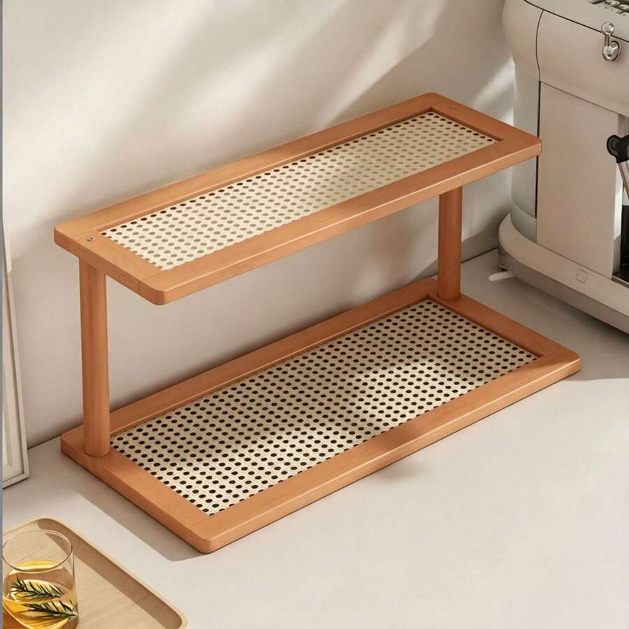 1pc Wooden Double-Layer Kitchen Storage Rack, Open Storage, Large Capacity Desktop Organizer, Tea Cup Water Cup Tea Set Storage Rack, Tableware Drain Rack, Spice Rack, Home Decor And Figurine Display Rack, Woven Panel, Quick Drying, Breathable And Moisture-Proof, Suitable For Kitchen, Dining Room, Balcony, Living Room And Bedroom Storage And Organization, - Multicolor - View 1