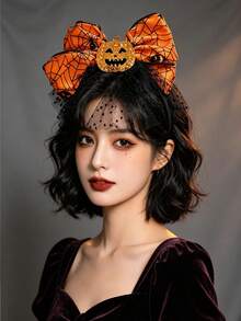 Halloween Party Accessories, Includes 1 Halloween Pumpkin Headpiece Decorated With Orange Spider Web Bow, Suitable For All Genders, Made Of Resin And Mesh Material, Perfect For Holiday Costumes And Photography Props - Multicolor - View 2