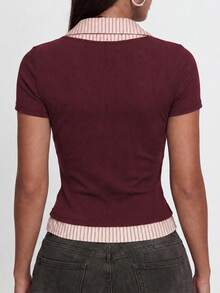 Women's Slimming 2 In 1 Short Sleeve Top, Ribbed Fabric Design With Square Neck, Ribbed Patchwork And Single-Breasted Buttons, Suitable For Office Wear Or Spring Mature Style - Burgundy - View 4