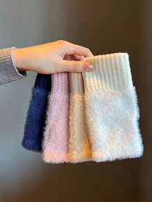 1 Pair Comfortable Plush Fingerless Gloves, Knitted Cuffs, Soft Fuzzy Winter Women's Gloves, Solid Color Warm, Suitable For Home, Office, Study - Multicolor - View 3