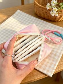 1pc/3pcs Embroidered Mini Square Pouch With Wrist Rope, Zipper Fabric Makeup Bag, Sweet Plaid Pattern, Lightweight Portable Storage Purse, Compact Handheld Pouch For Lipstick, Sanitary Pads, Daily Travel Use - Multicolor - View 3