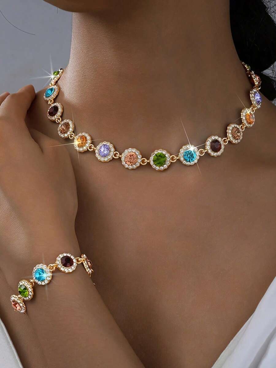 2pcs Elegant And Luxurious Necklace And Bracelet Set, Dopamine-Inspired Fashionable And Colorful Ensemble, Perfect For Women's Daily Wear - Multicolor - View 1