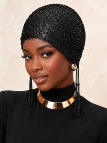 Turban Jala Transparan Berhiaskan Manik-Manik Mewah, Hijab Muslim Panjang dengan Rumbai Manik-Manik, Penutup Kepala Jala yang Bernapas, Penutup Kepala Elegan dan Sopan untuk Pesta Pernikahan - MultiWarna - View 10