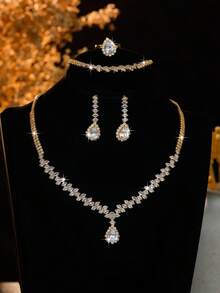 5pcs Luxury Zirconia Water Drop Necklace, Earrings, Bracelet, Ring Jewelry Set, Elegant & Fashionable For Wedding, Party, Daily Commute - Silver - View 8