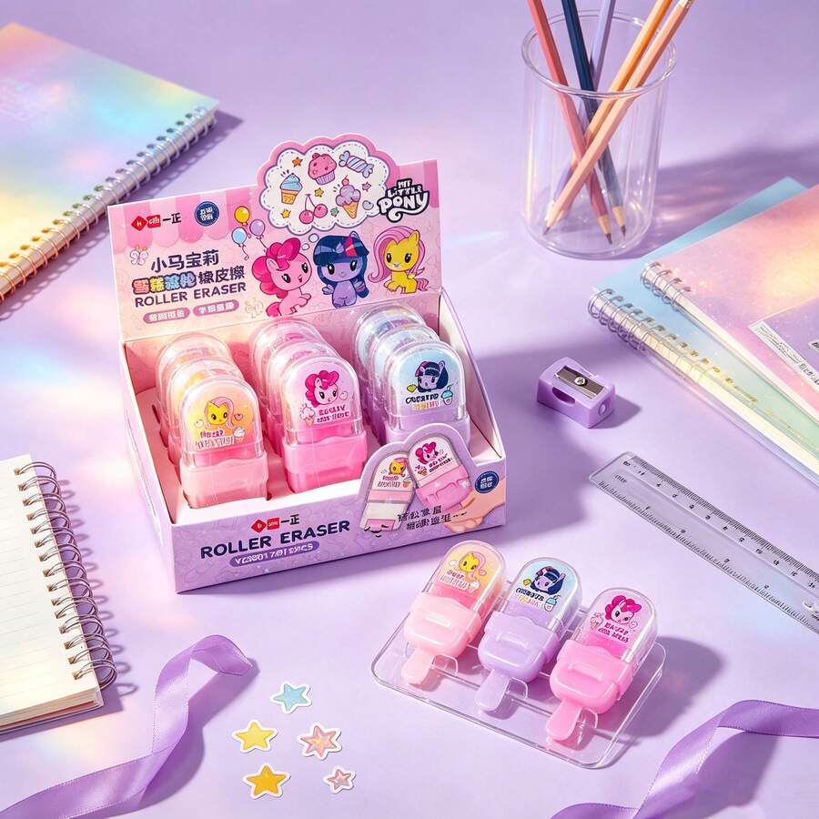 1 pièce Gomme à rouler en forme de sucette mignonne avec un motif de poney de dessin animé imprimé dessus. Le design à rouler collecte proprement les copeaux de gomme pour garder le bureau propre. Cadeau de papeterie mignon pour les élèves de l'école primaire. - Multicolore - Voir 1