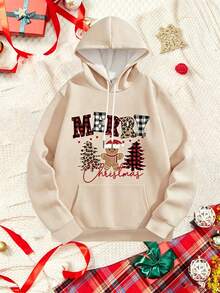 Plus Size Men's Beige Plaid Leopard Print Christmas Tree & Gingerbread Man Graphic Hoodie, Loose Fit Kangaroo Pocket Casual Pullover Sweatshirt - Multicolor - View 5