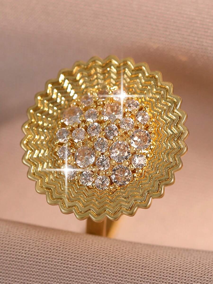 1pc Exquisite 3d Sunflower Cubic Zirconia Circle Shaped Personalized Openable Rings For Women's Daily Wear Valentines,Fit For Party,Birthday Gift - Yellow Gold - View 1