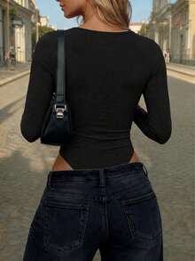 Women's Early Autumn V-Neck Hollow Design Y2K Style Basic Fitted Long Sleeve Bodysuit Black - Black - View 6