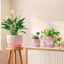 Pink Plant Pots,Ceramic Planters With Drainage Holes And Saucers Set Of 3 | Ceramic Planters For Indoor Plants | Cute Plant Pots | Mode - Pink - View 7